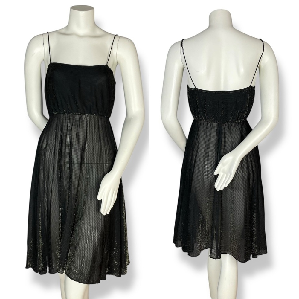 Vintage 70s Dress Metallic Gold Black Wounded Bird FLAWS Spaghetti Straps Pleats